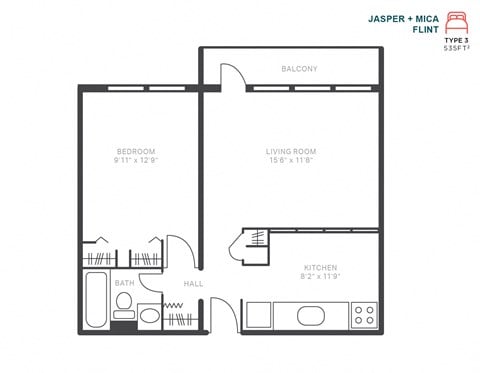 Floor plan for 1 bed, 1 bath, 535 sqft